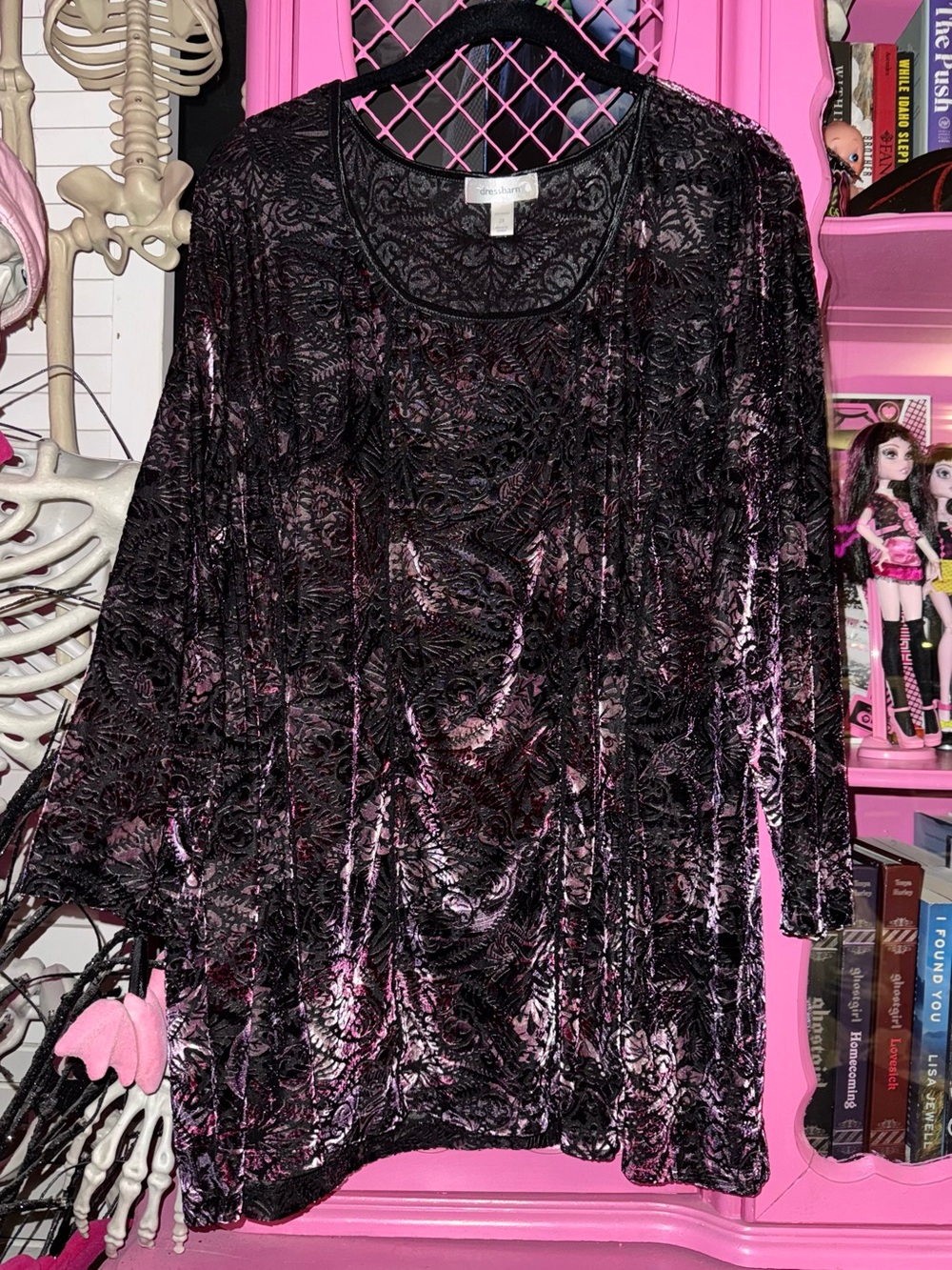 DressBarn Black Floral Velvet Burnout Festival Dark Fairy Whimsigoth Top Size 2x